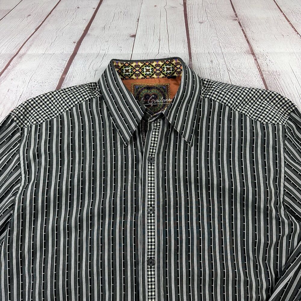 Robert Graham Gray Striped Dress Shirt Mens L Flip Cuff 100% Cotton
